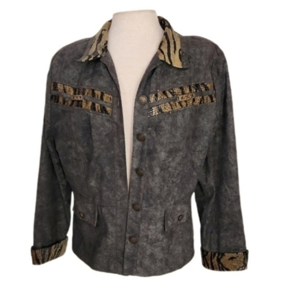American Vintage Jackets & Blazers - Nancy Bolen Jacket Faux Suede with Animal Print Accents Green Plus Size 14